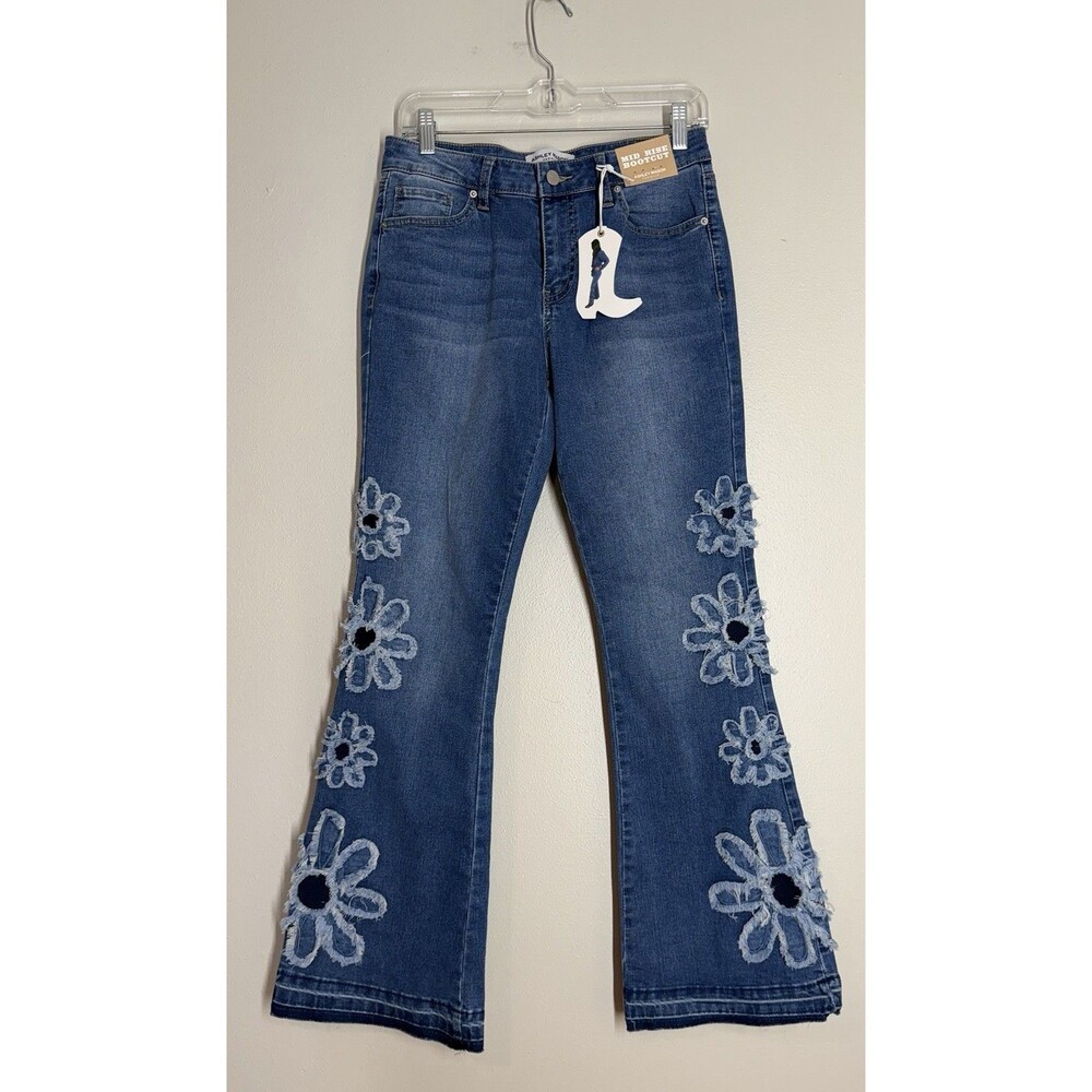 Ashley Mason NWT Jeans 7/28 Floral Applique Mid Rise Bootcut Flare Denim